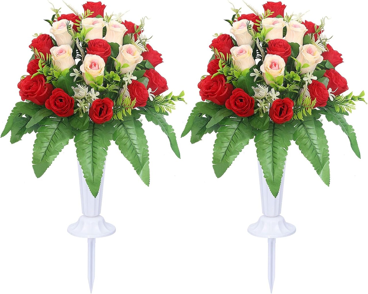 Artificial Cemetery Flowers – 2 Sets of Memorial Grave Bouquets with Vases for Grave & Tombstone Decorations